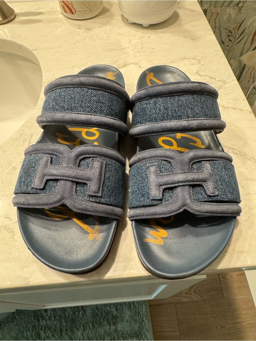 Sam Edelman Denim Blue Double Strap Slide Sandals